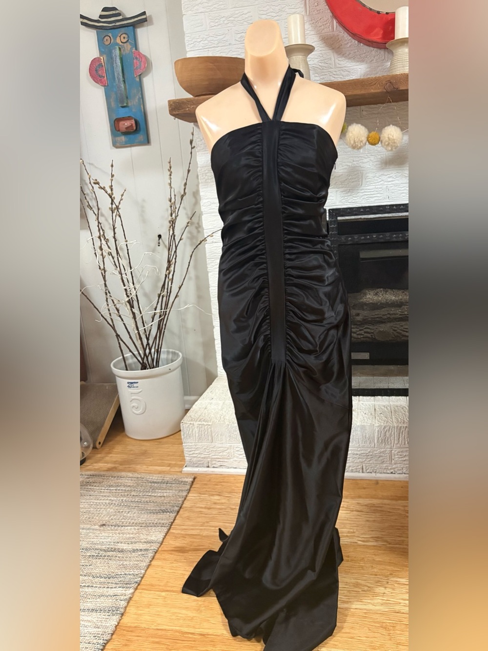 Jessica McClintock Vintage Mermaid Halter Black Satin Evening Dress-Sz 10